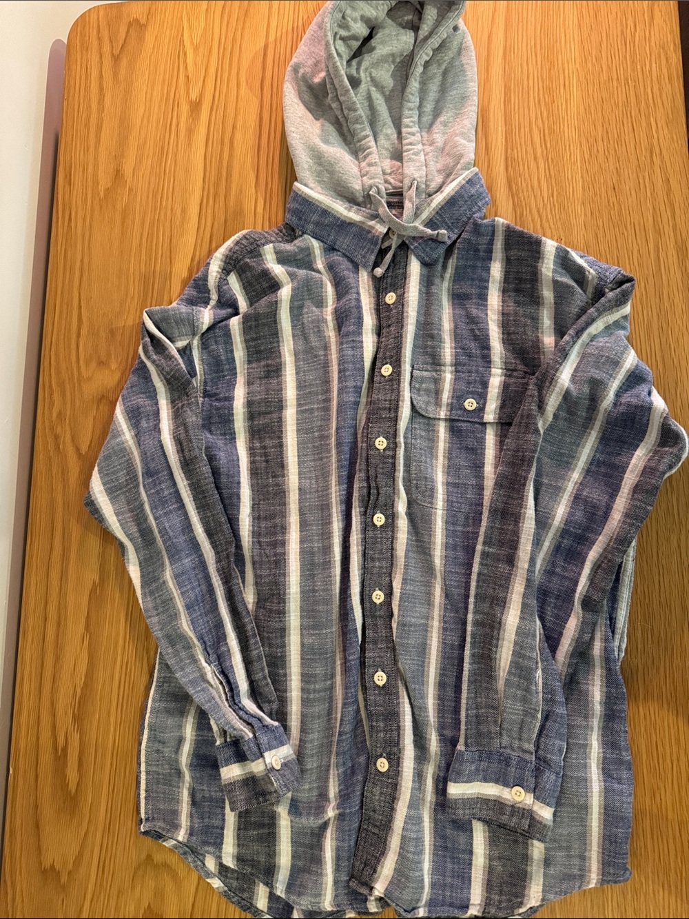 American Eagle Outfitters Blue and White Striped Flannel Shirt with Gray Hood